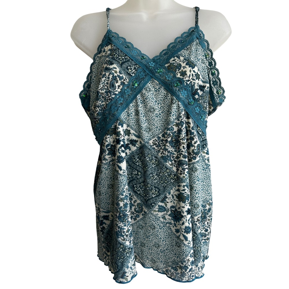 Xhilaration Y2K Blue Teal Patchwork Floral Lace Sequin Cami Top XXL Boho